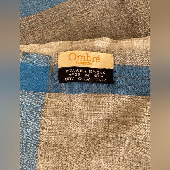 Ombré London Wool Silk Gray and Blue Striped Scarf Casual Shall - Picture 3 of 4